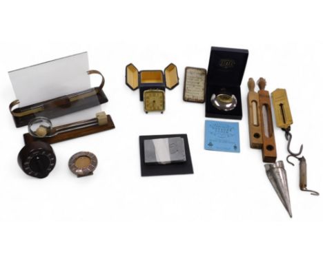 A group of Art Deco and other collectables, including photograph frames, travel clock, Smiths timer, scales, and an enamel Re