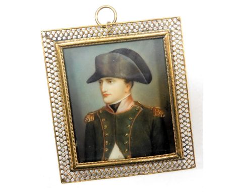 A 19thC miniature portrait of a French army officer, possibly a young Napoleon Bonaparte, signed Frapie, on ivory, in a brass