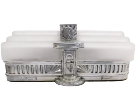 An Art Deco Odeon dining carriage lamp, circa 1930s, the frosted glass shades decorated with silhouette pictures of people di