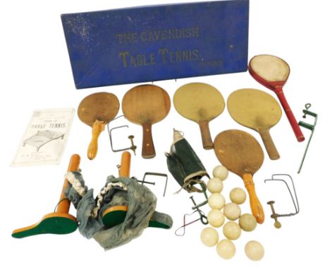 An F H Ayres The Cavendish table tennis set, comprising various bats, balls, net, instruction manual, etc., boxed.