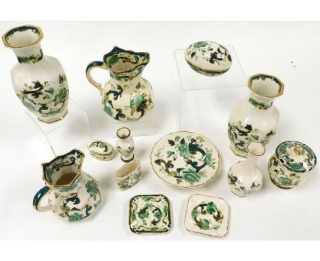 A group of Masons Chartreuse pattern ironstone pottery, including a pair of graduated hydra jugs, a pair of octagonal vases, 