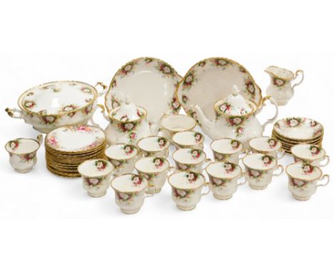 A Royal Albert porcelain Autumn Roses pattern tea service, including two teapots, cream jug, sugar bowl, and a pair of bread 