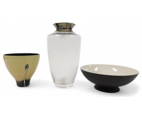 A Caithness glass Ebony range Art Deco style vase, 14cm high, together with a Nick Munro black and white pedestal bowl, and a