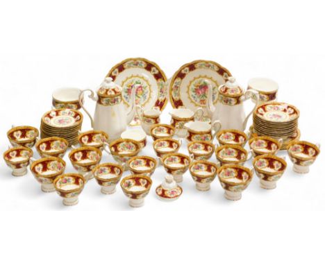 A Royal Albert porcelain Lady Hamilton pattern tea and coffee service, including a pair of coffee pots, pair of bread plates,