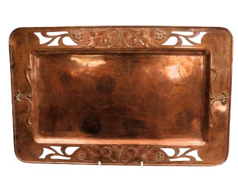 A WMF Art Nouveau copper tray, of rectangular form, within pierced and embossed foliate and berry decoration, impressed mark,