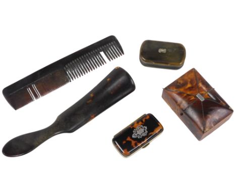 A 19thC tortoiseshell casket, 8cm wide, tortoiseshell bound needle case, faux tortoiseshell comb and shoe horn, and a 19thC h