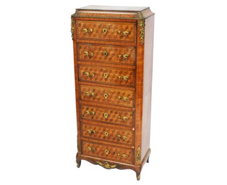 A late 19thC French rosewood and parquetry inlaid secretaire a abattant, with gilt metal mounts, the outswept top over a sing