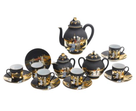 A late 20thC Japanese porcelain demitasse coffee service, painted and gilded with figures in a lakeland landscape, on a black