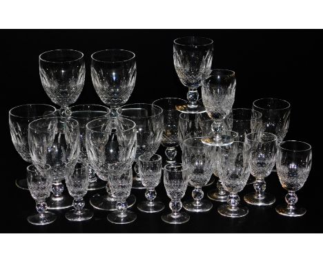 A group of Waterford Colleen pattern crystal, comprising seven white wine glasses, six red wine glasses, six sherry glasses a