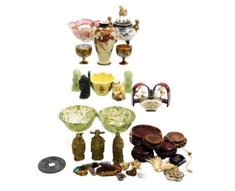 A reproduction netsuke, snuff bottle, jade bowls, Chinese coin, porcelain bowl, etc. (group lot)