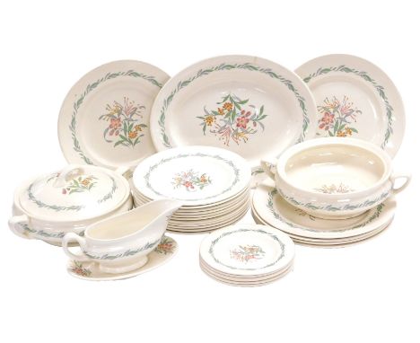 A Royal Doulton pottery Fairfield pattern part dinner service, comprising pair of vegetable tureens and one cover, oval meat 