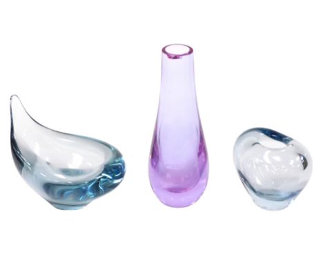 Two pieces of Holmegaard blue tinted glass, comprising 5734, 8cm high, 19258, 17cm wide, together with a purple tinted vase, 