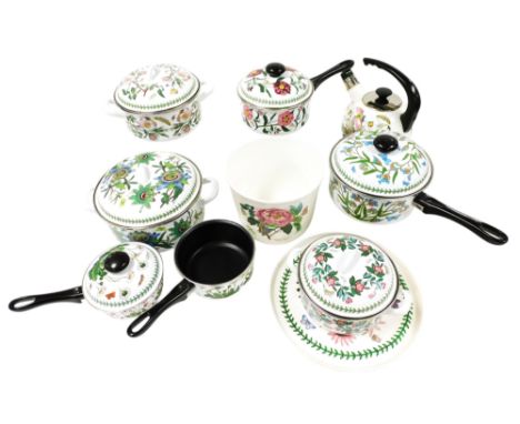 A group of Portmeirion enamel wares, comprising four saucepans, each of differing size, the largest 22cm diameter, three twin