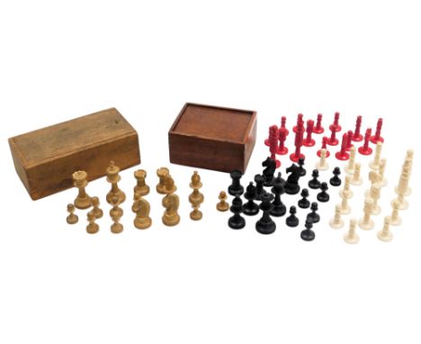 A 19thC white and red bone chess set, boxed, Queen 8.5cm high, together with a Staunton type wooden chess set, boxed, King 6.