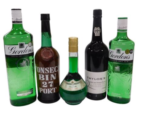 A bottle of Gordon's Special Dry London gin, 1cl, further bottle, 70cl, bottle of Fonseca Bin 27 port, Taylor's Quinta de Ter