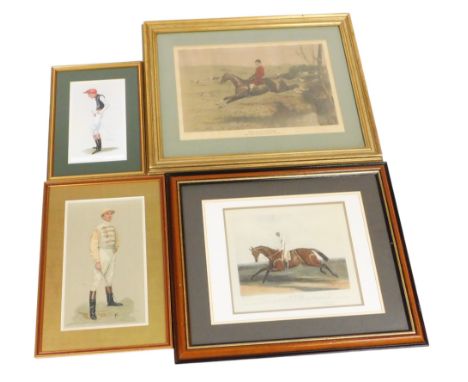 Four equestrian related prints, comprising a Vanity Fair Spy lithograph depicting Danny Maher, 34cm x 20cm, further Spy print