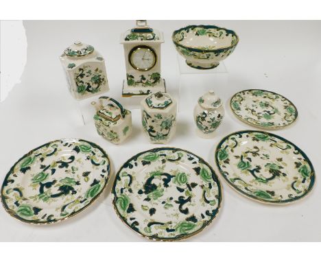 A group of Masons Chartreuse pattern ironstone, including a kettle, mantel clock, a fruit bowl, tea canister, plates, etc. (a