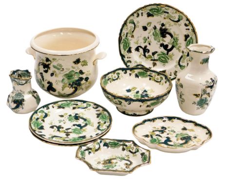 A group of Masons ironstone Chartreuse pattern pottery, including a twin handled jardiniere, octagonal vase, hydra jug, and p