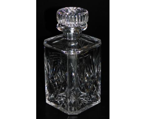 A cut glass decanter and stopper, engraved to one side "Presented to The Right Honourable Margaret Thatcher MP, Prime Ministe