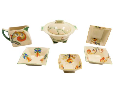 A group of Royal Doulton Art Deco pottery, comprising a Dubarry pattern small vegetable tureen and cover, Syren pattern cream