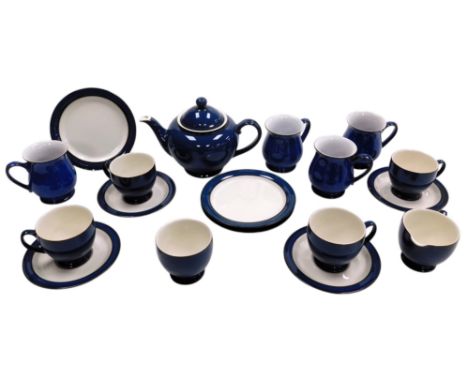 A Denby pottery Imperial Blue pattern part tea and coffee service, comprising teapot, four teacups and saucers, four coffee m