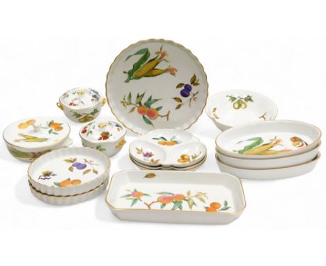 A group of Royal Worcester Evesham pattern oven to table wares, including flan dish, oval and rectangular serving dishes, tur