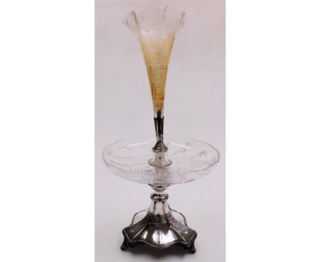 A late 19thC Walker and Hall silver plate and cut glass table centrepiece, with a frilled glass trumpet, above a circular bow