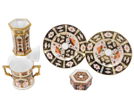 A group of Royal Crown Derby porcelain, comprising an Imari pattern loving cup, seconds, 7cm high, vase, 11cm high, trinket b