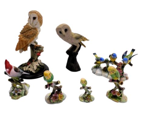 Six Adderley porcelain bird and figure groups, comprising blue tit, red crested cardinal, and single budgerigars, together wi