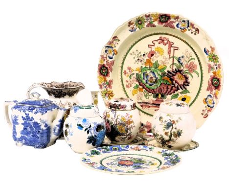 A group of Masons ironstone pottery, comprising a Brocade pattern pot pourri jar and cover, Ascot pattern jug, Belvedere patt