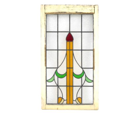 An early 20thC domestic stained glass window, wooden framed, frame 106cm x 58cm.