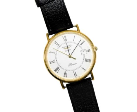 A Longines Presence gentleman's gold plated wristwatch, circular white dial bearing Roman numerals, centre seconds, date aper