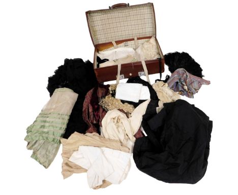 Victorian and later costume, including a Victorian bodice, bolero jacket, lace jacket, smocks, and a black ostrich feather fa