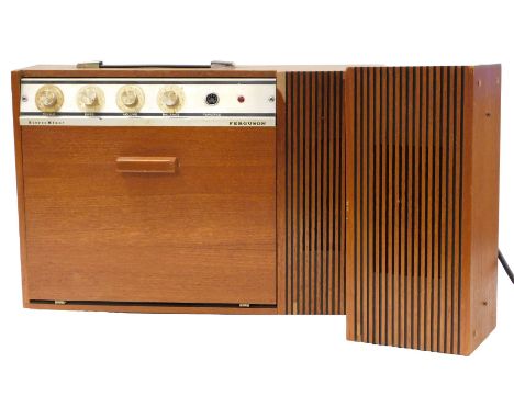 A mid Century Ferguson StereoMinermor portable record player, with attachable speaker, model 3025.