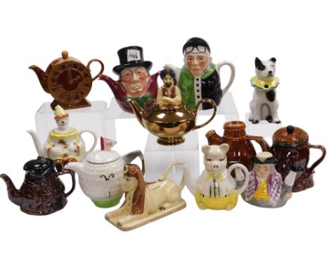 A group of Tony Wood collector's teapots, including a sphinx, The Mad Hatter, golf ball, and a jockey, together with a Wade G