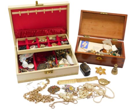 Victorian and later silver and costume jewellery, including brooches, earrings, necklaces, a snuff box, badges, together with