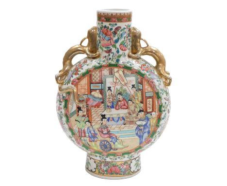 A late 20thC Chinese famille rose porcelain moon vase, with chilin handles, decorated in reserves with court scenes, within b