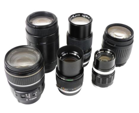 Various camera lenses, to include a Canon 17-85mm, Olympus 75x150mm, etc.