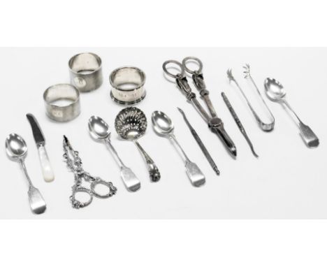 Two silver napkin rings and plated grape scissors, etc, including EP sugar nips, sugar bows, EP napkin ring, sifting spoon, e