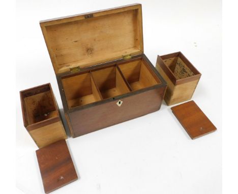 A 19thC mahogany and line inlaid tea caddy, of rectangular form with bone escutcheon, the hinged lid enclosing three recesses