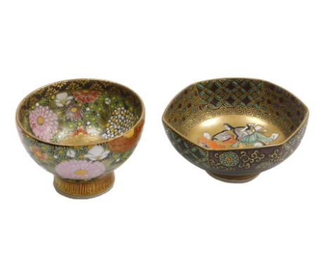 Two Japanese Kutani porcelain sake cups, one with millefiore design, the other painted with seated figures around a daimyo, b