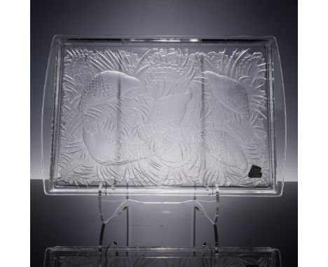 This impressive Lalique crystal tray titled Perdrix-Partridge showcases five intricately molded partridges nestled among dens