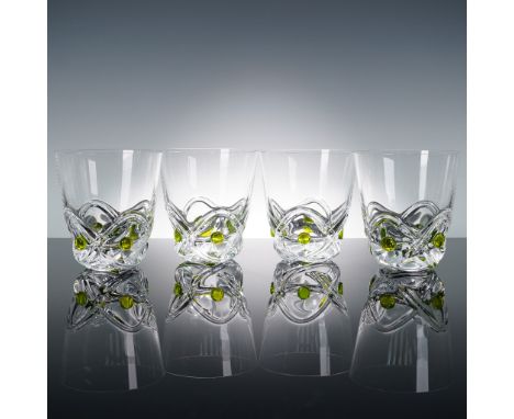 Set of four Lalique crystal tumblers from the Floride collection, each featuring the iconic Arch motif with vivid green caboc