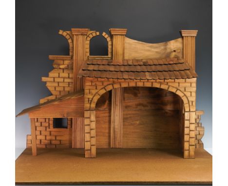 Vintage Goebel nativity stable designed as a wooden architectural backdrop for Hummel nativity figures. The structure feature