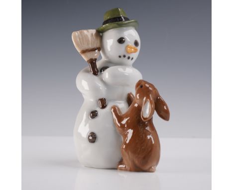 Charming hand-painted porcelain figurine by Royal Copenhagen depicting a cheerful snowman in a green hat holding a broom, lov