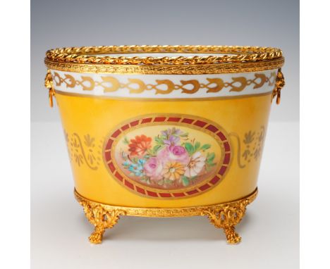 Exquisite French Limoges porcelain jardiniere, beautifully hand-painted with a central floral medallion in vibrant hues inclu