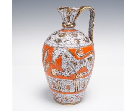 This Italian pottery pitcher by Fratelli Fanciullacci features a bold mythological horse motif in vivid orange glaze with spe