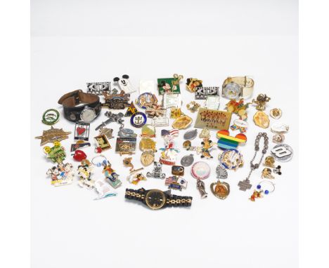 Extensive mixed lot of over 50 collectible lapel pins, brooches, and novelty items spanning multiple themes and decades. Incl