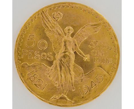 Struck in Mexico, this 50 Pesos gold coin, known as the Centenario, commemorates the 100th anniversary of Mexico's independen