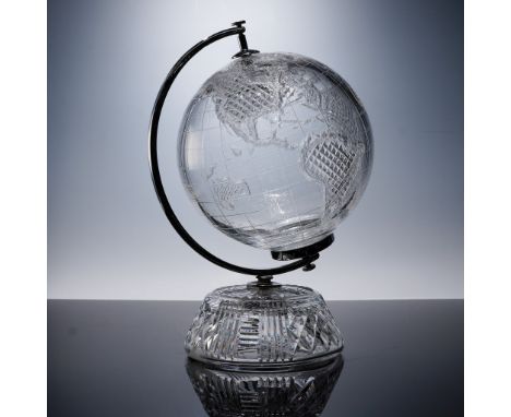 Elegant Waterford Crystal desk globe featuring etched continents in a crosshatch pattern on a clear rotating sphere, set on a